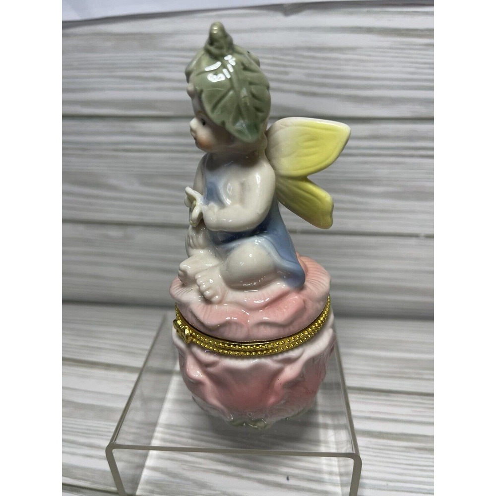 Vintage Hinged Trinket Box Fairy Angel Cherub Pink Yellow Florals 5.25" - Picture 2 of 9